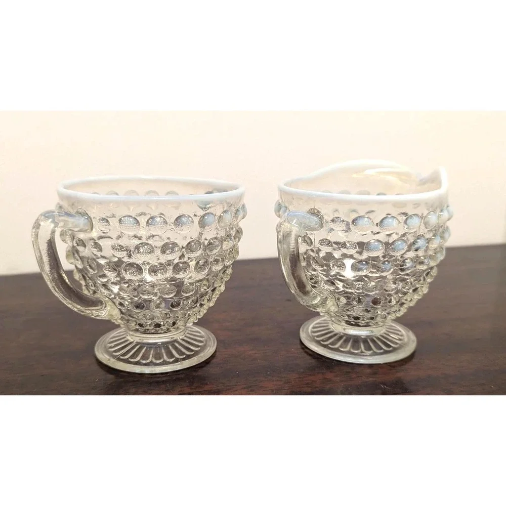 Vintage Hobnail Sugar and Creamer Set Opalescent Milk Glass Fenton Style